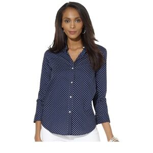 Lauren LS Button Down Classic Navy w/ Polka Dots No Iron  Cotton Size Small